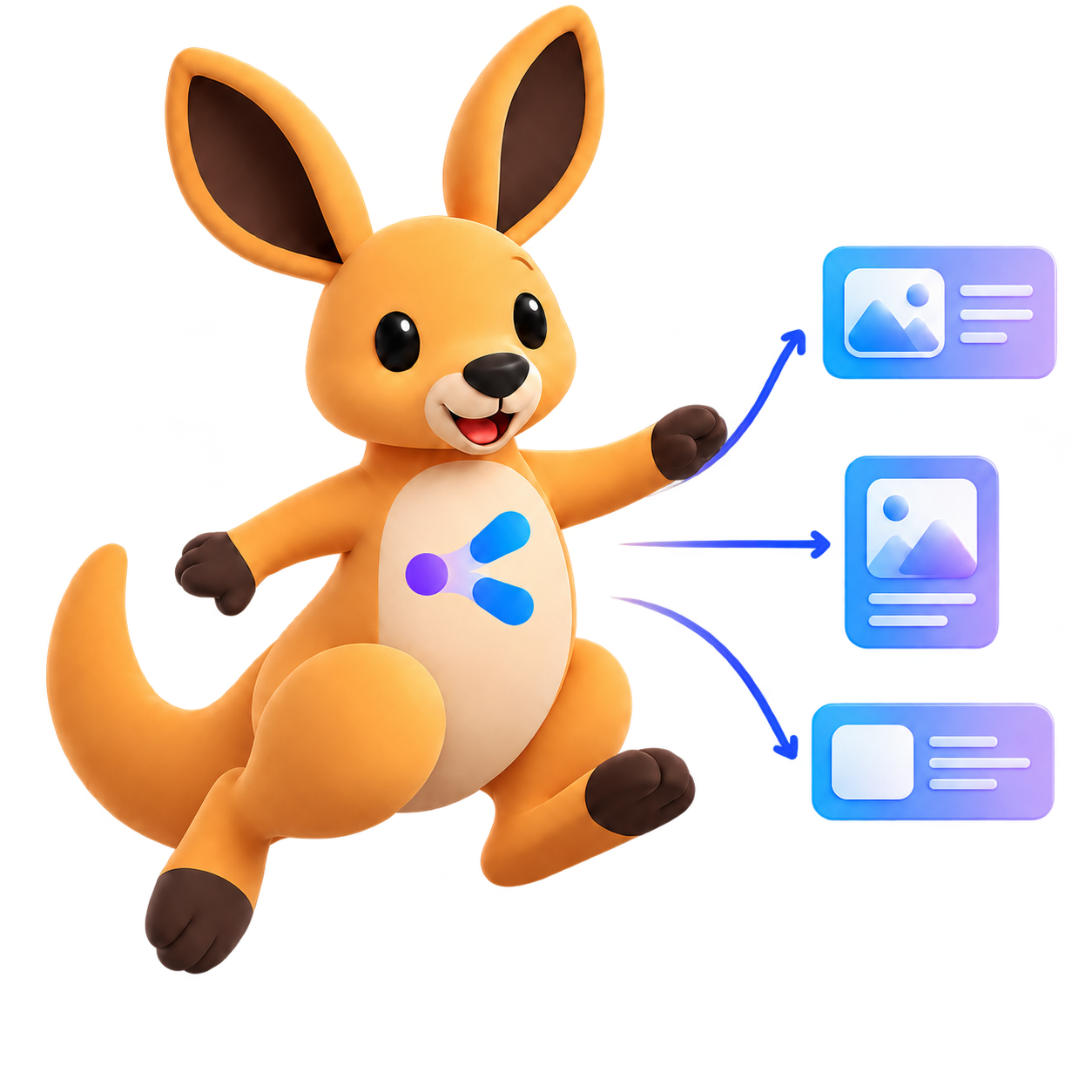Droo, the Syndroo mascot, jumping as one post fans out to three platform cards