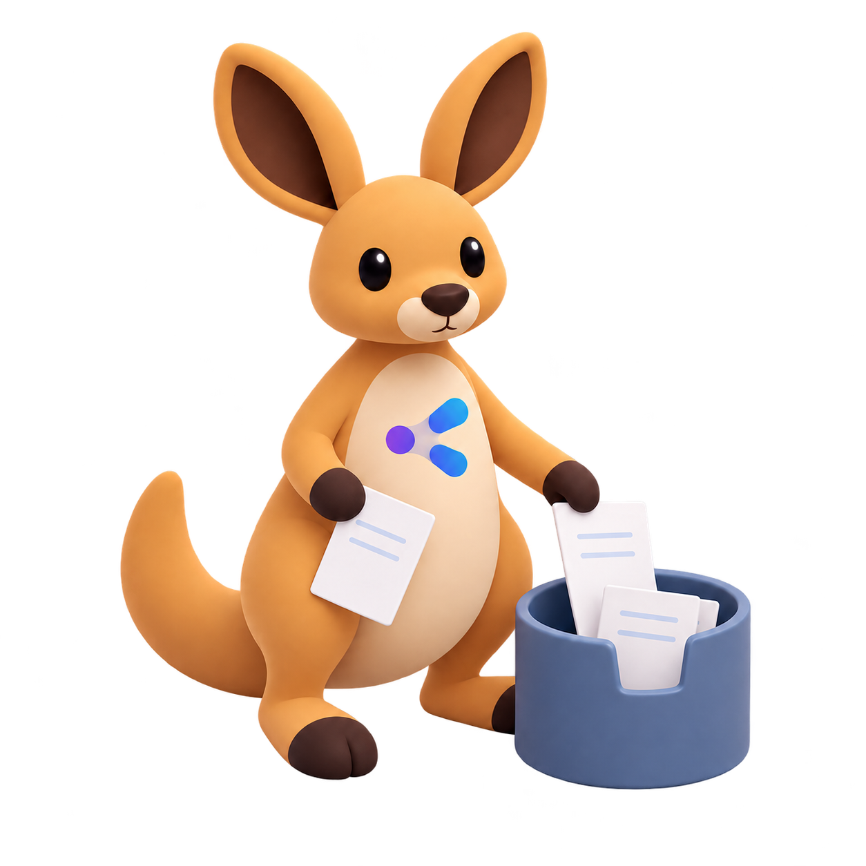 Droo, the Syndroo mascot, filing post cards into a blue queue bin